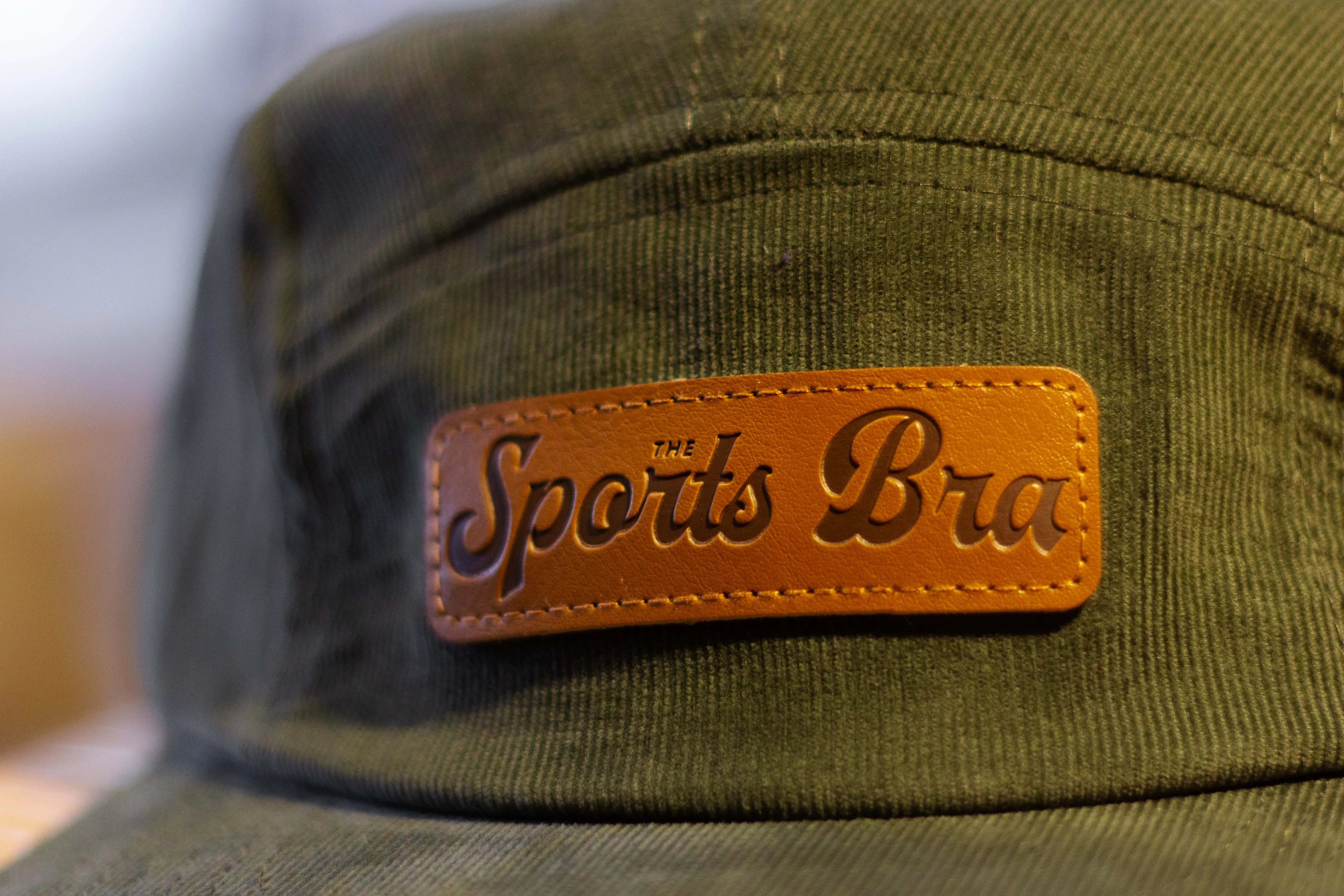 The Sports Bra Restaurant & Bar Evergreen 5-Panel Hat | Vegan Leather Crest on Lightweight Courderoy  Hats