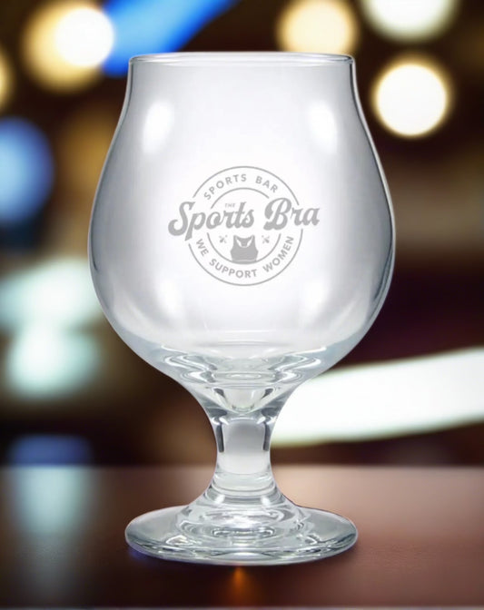 The Sports Bra Belgian Style Beer glass 16ounces with Logo etched on face